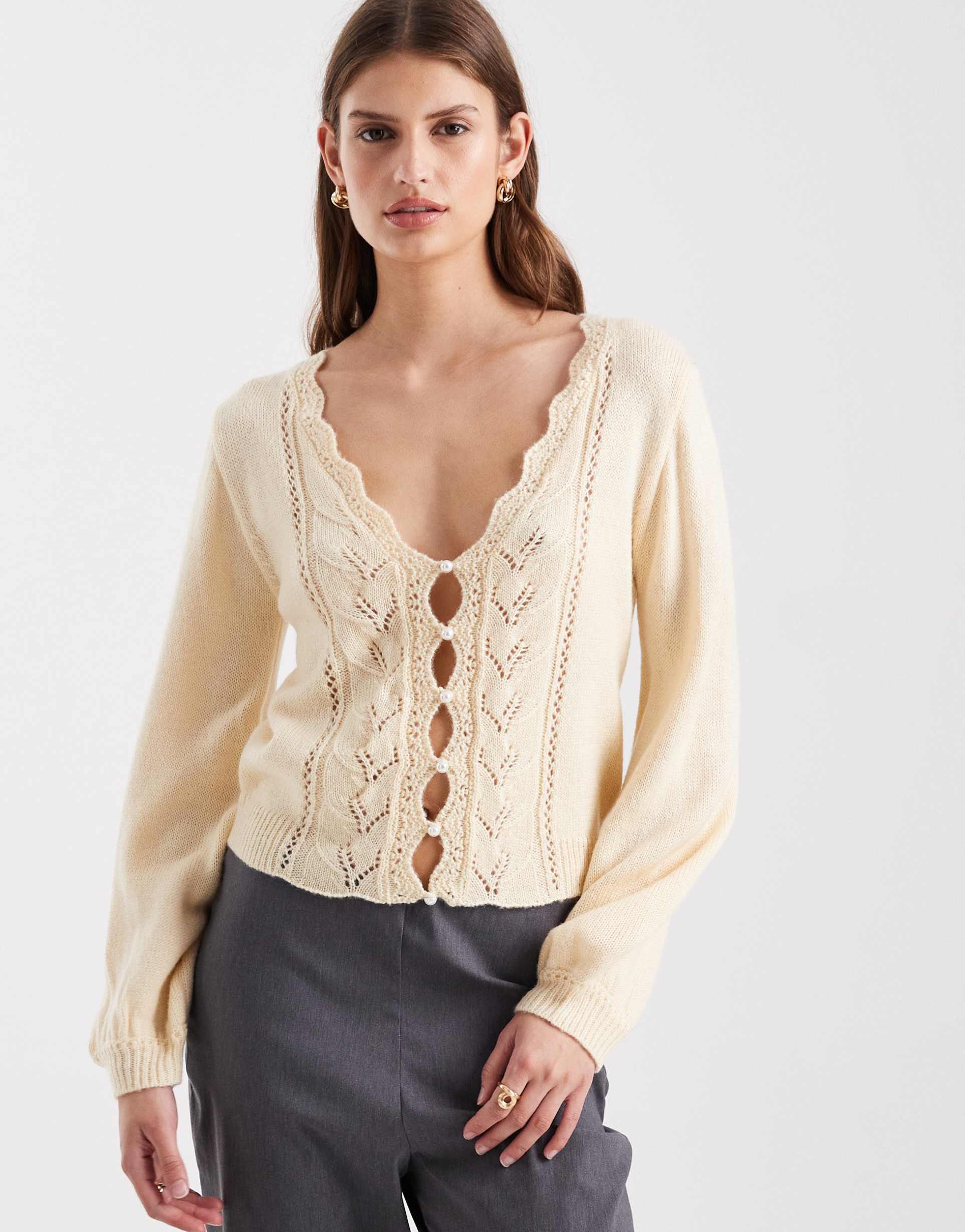 miss selfridge pointelle faux pearl detail sweater in buttermilk