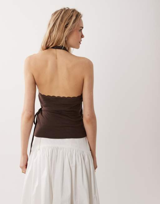 Miss Selfridge pointelle halterneck wrap top in chocolate, 4 of 4