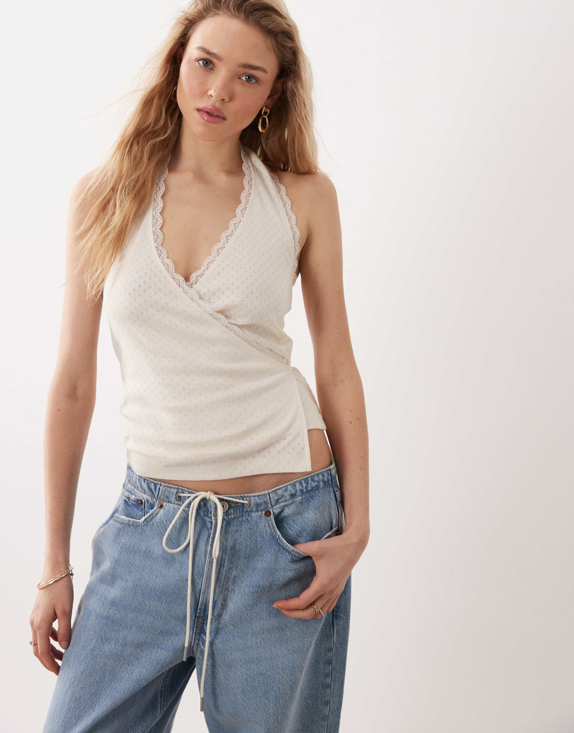 miss selfridge pointelle halterneck wrap top in cream