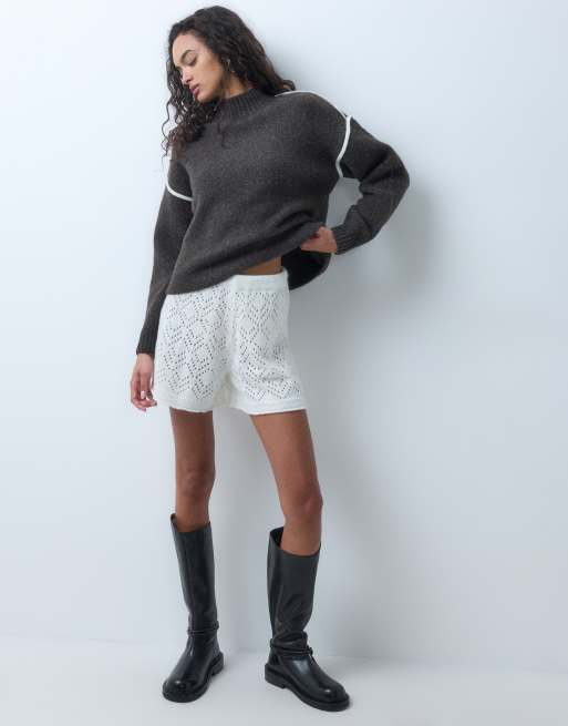 Miss Selfridge pointelle knit shorts in cream co-ord, 2 of 5