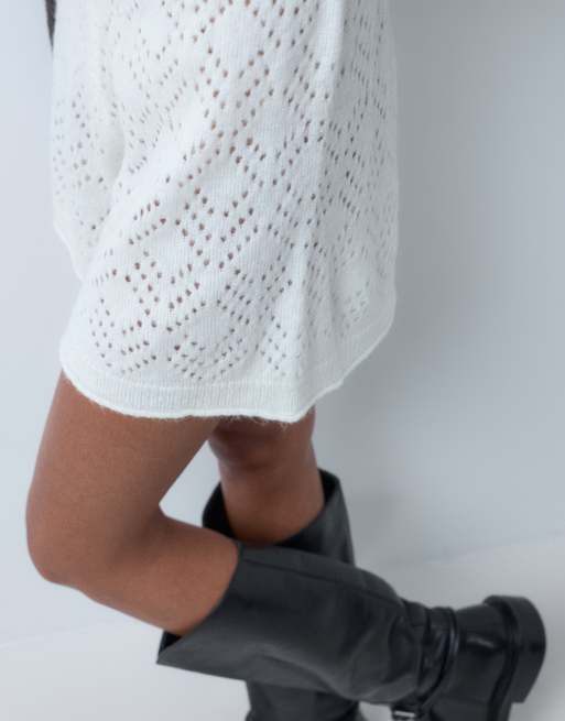 Miss Selfridge pointelle knit shorts in cream co-ord, 4 of 5