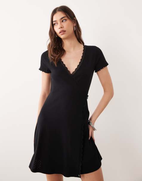 Miss Selfridge pointelle lace trim wrap dress in black - view 1