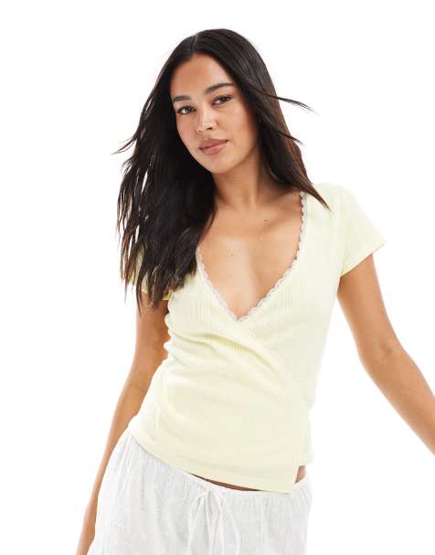 Miss Selfridge pointelle lace trim wrap top in butter yellow - view 1