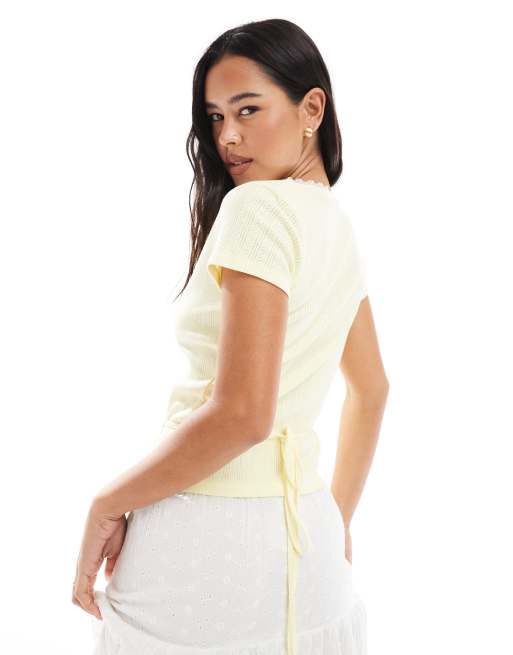 Miss Selfridge pointelle lace trim wrap top in butter yellow