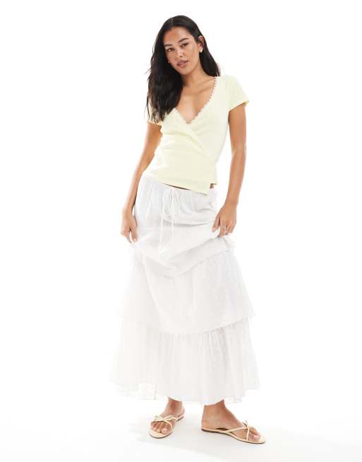 Miss Selfridge pointelle lace trim wrap top in butter yellow
