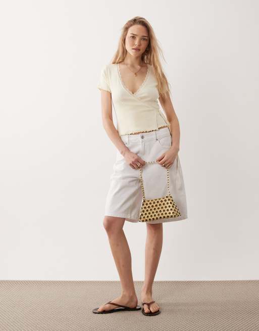 Miss Selfridge pointelle lettuce detail wrap top in buttermilk, 2 of 4