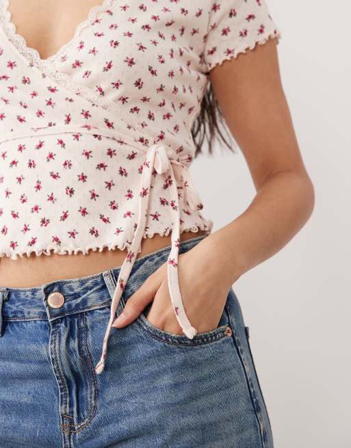 Miss Selfridge pointelle lettuce detail wrap top in pink ditsy print, 4 of 4