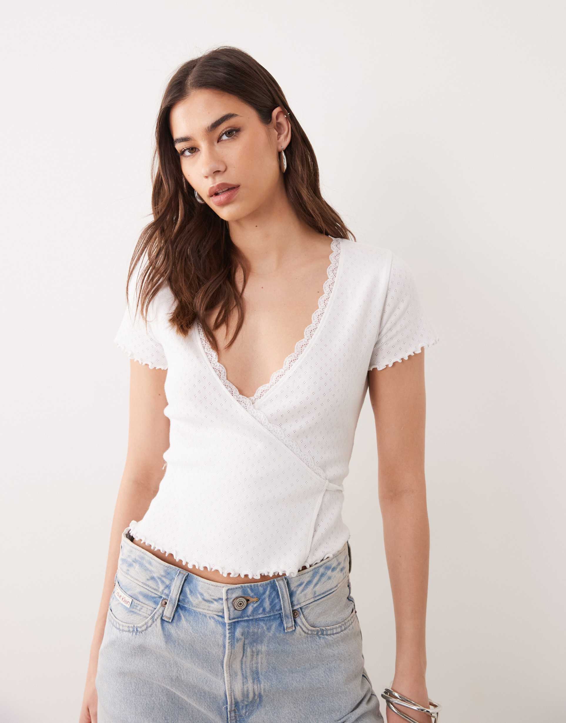 miss selfridge pointelle lettuce detail wrap top in white