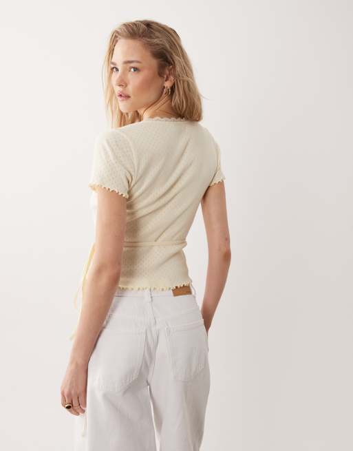 Miss Selfridge pointelle lettuce edge wrap top in buttermilk, 4 of 4