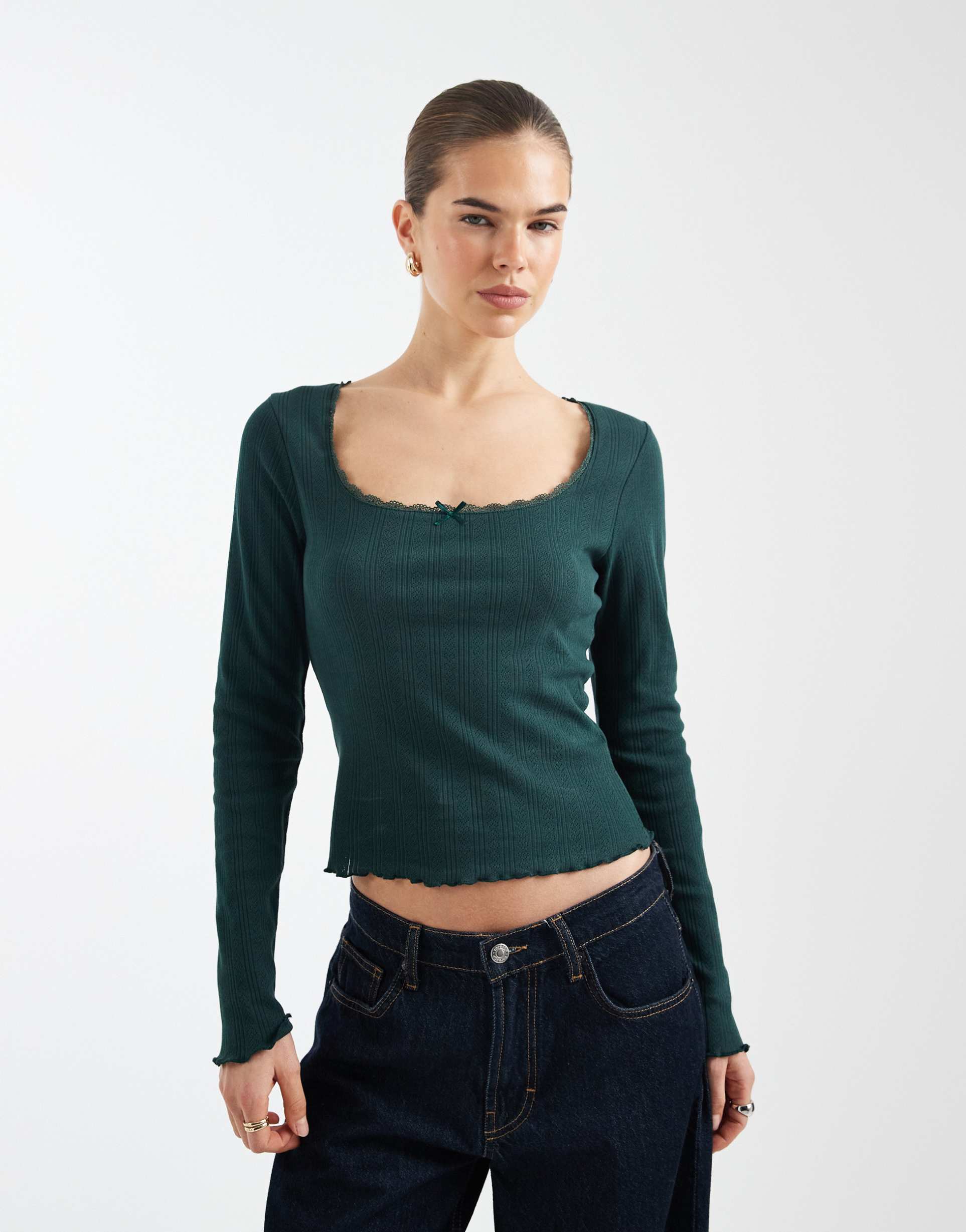 miss selfridge pointelle long sleeve top in forest green