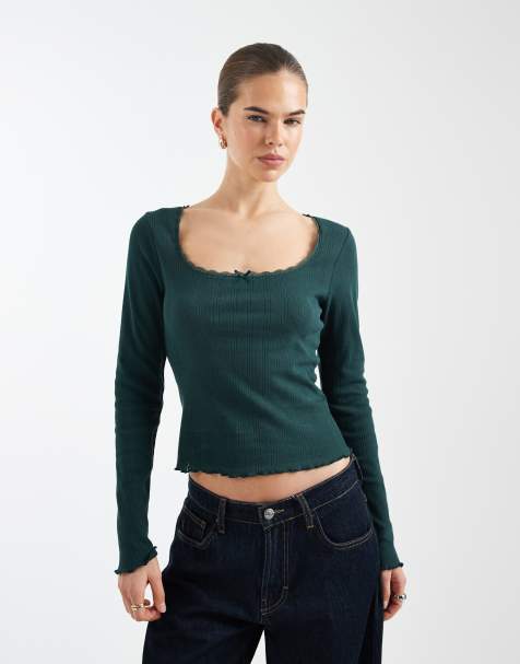 Miss Selfridge pointelle long sleeve top in forest green