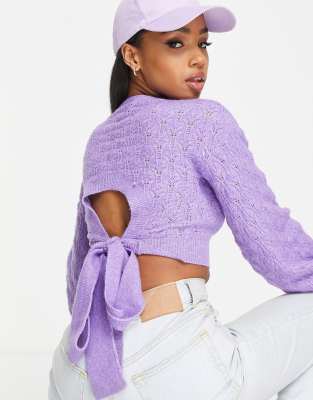 Miss Selfridge pointelle open tie back balloon sleeve sweater in lilac-Purple