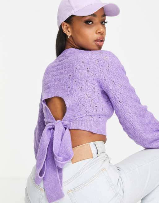 Miss Selfridge pointelle open tie back balloon sleeve sweater in lilac