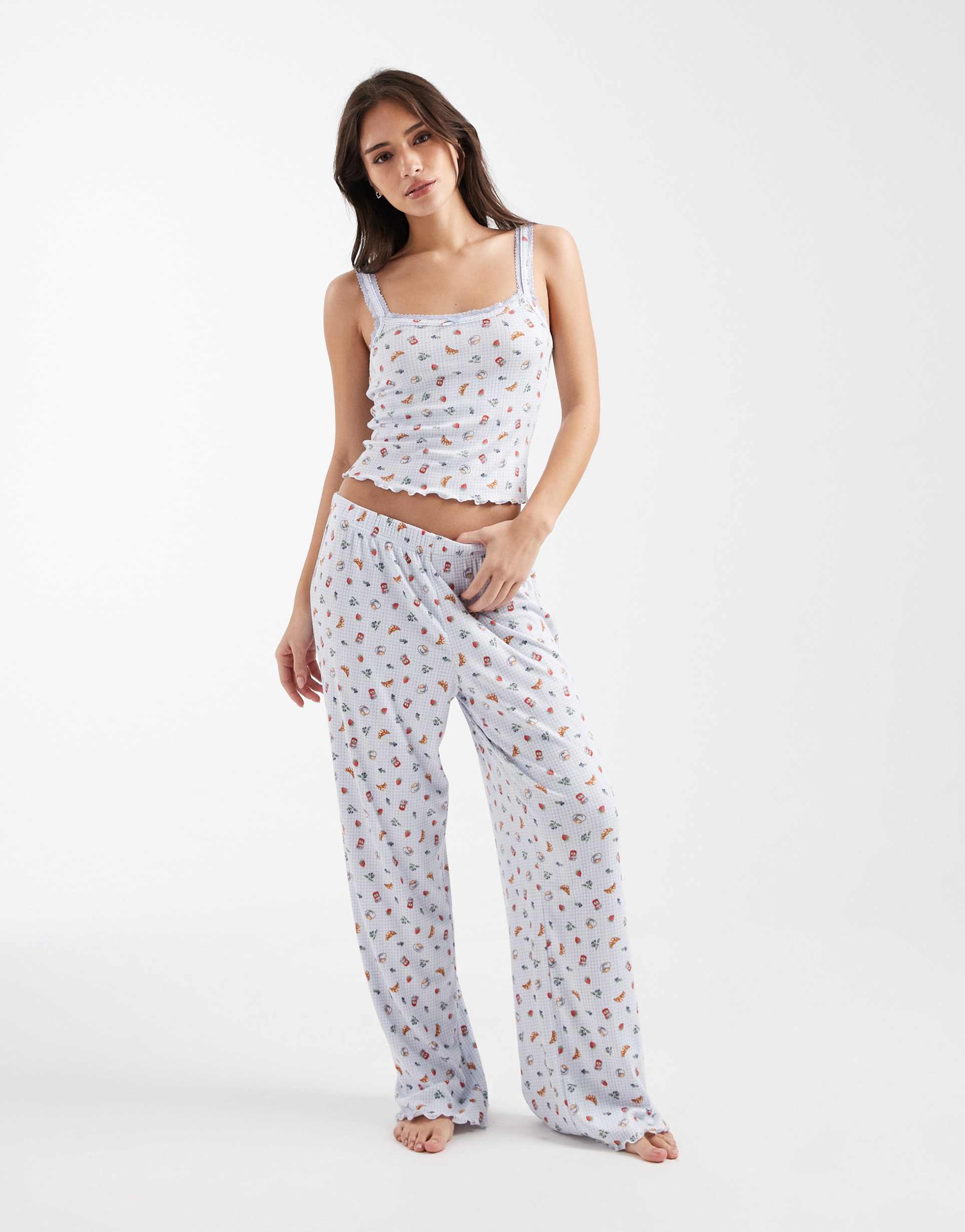 miss selfridge pointelle pajama bottoms in brunch print