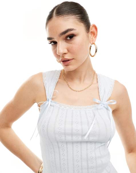 Miss Selfridge pointelle ribbon top baby blue - view 1