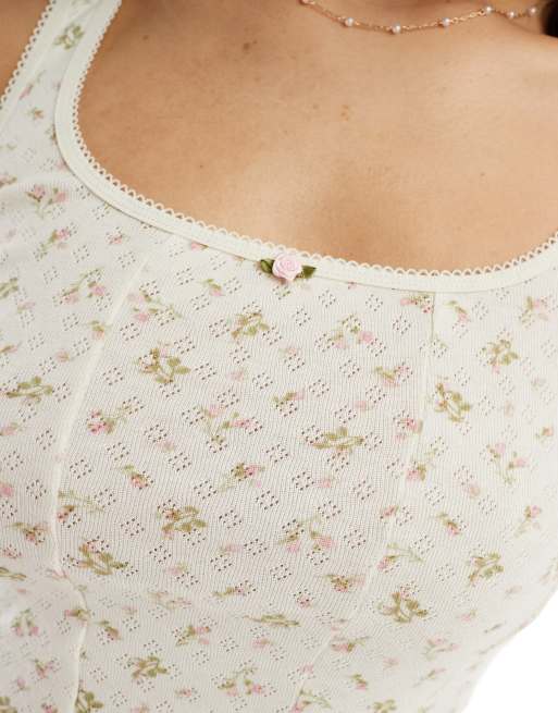 Miss Selfridge pointelle rose detail corset top in ditsy, 2 of 4