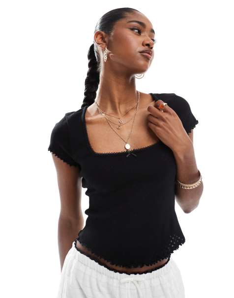 Miss Selfridge pointelle square neck lace trim tee in black - view 1