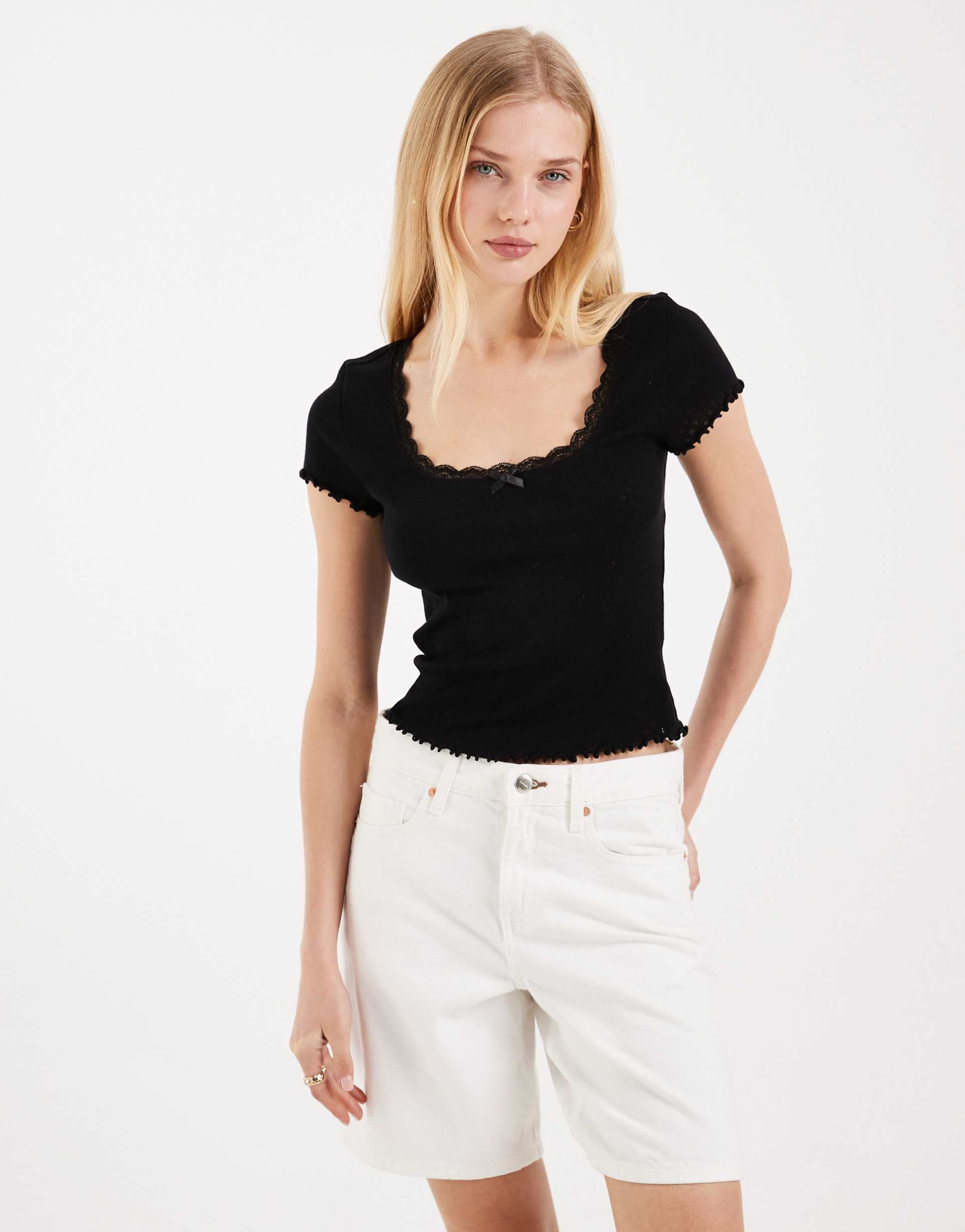 miss selfridge pointelle square neck lace trim tee in black