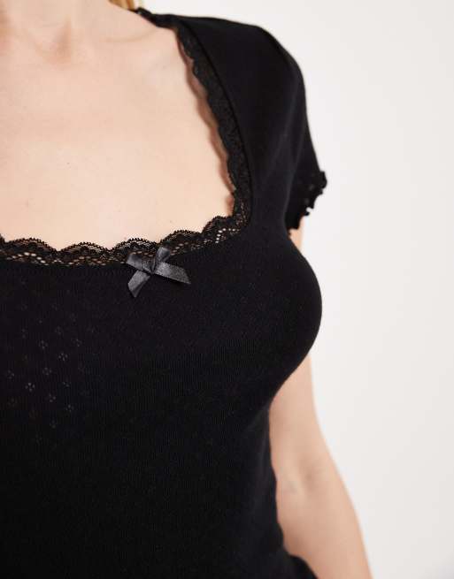 Miss Selfridge pointelle square neck lace trim tee in black, 2 of 4