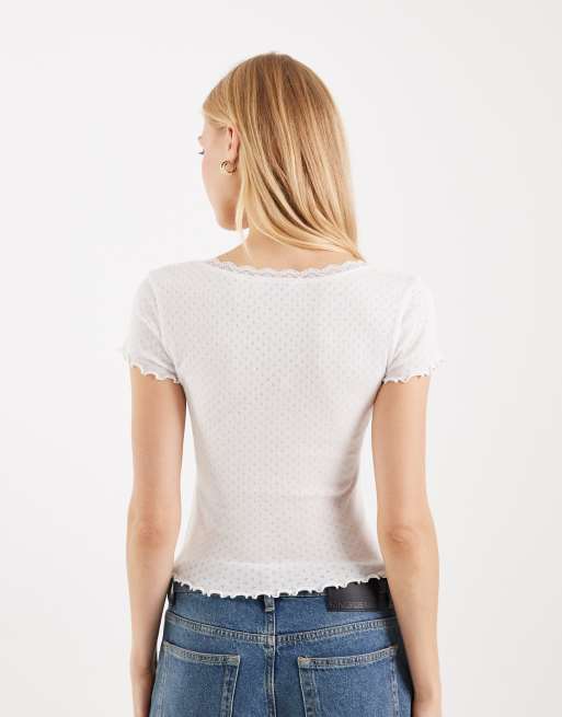 Miss Selfridge pointelle square neck lace trim tee in white, 3 of 4
