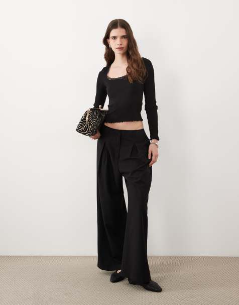 Miss Selfridge pointelle square neck top in black - view 1