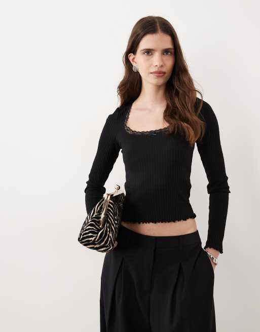 Miss Selfridge pointelle square neck top in black, 2 of 4