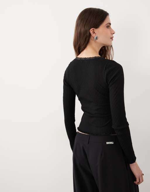 Miss Selfridge pointelle square neck top in black, 4 of 4