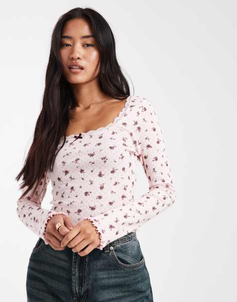 Miss Selfridge pointelle square neck top in ditsy print - view 1