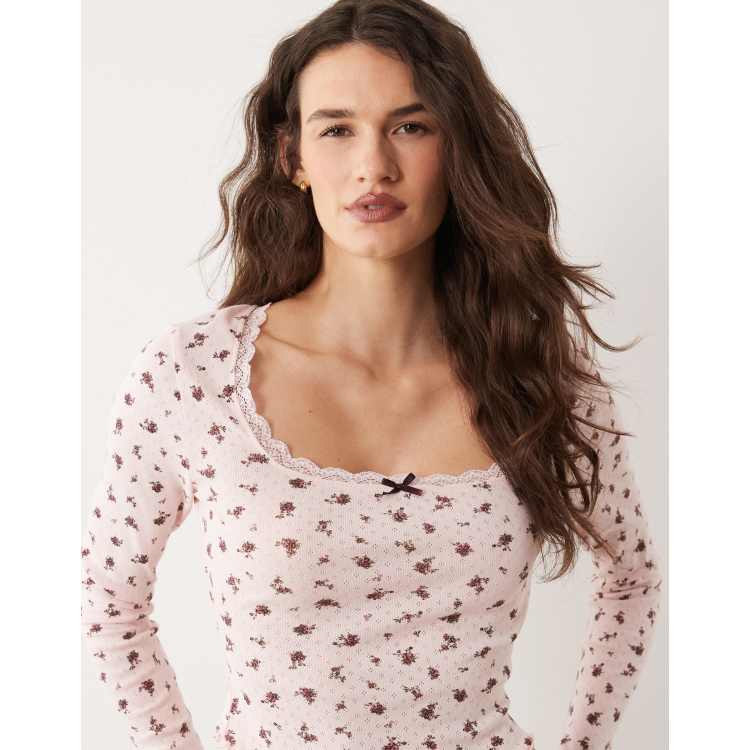 Miss Selfridge pointelle square neck top in floral print | ASOS