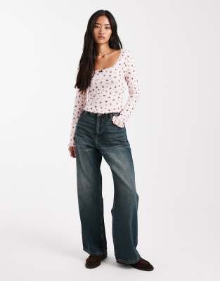 Miss Selfridge Pointelle Square Neck Top In Neutral