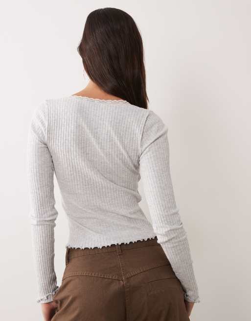 Miss Selfridge pointelle square neck top in grey marl, 4 of 4