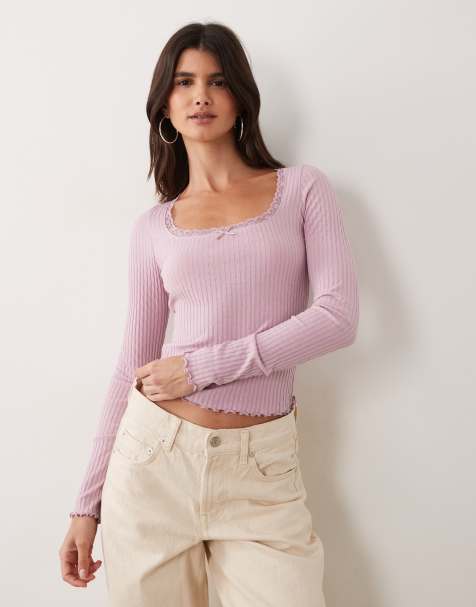 Miss Selfridge pointelle square neck top in pink - view 1