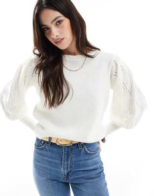 Miss Selfridge pointelle stich jumper in cream-White