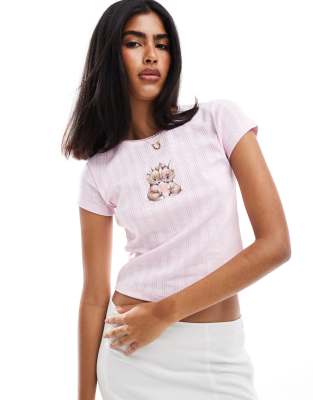 Miss Selfridge - Pointelle-T-Shirt mit Häschen-Print-Rosa