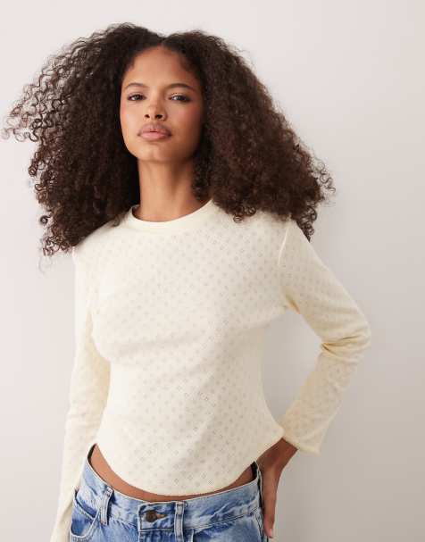 Miss Selfridge pointelle three quarter length sleeve top in buttermilk - view 1