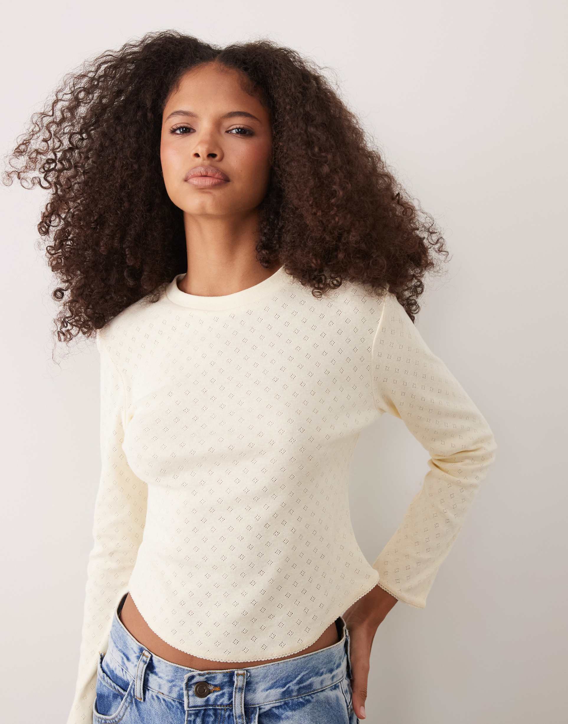 miss selfridge pointelle three-quarter length sleeve top in buttermilk