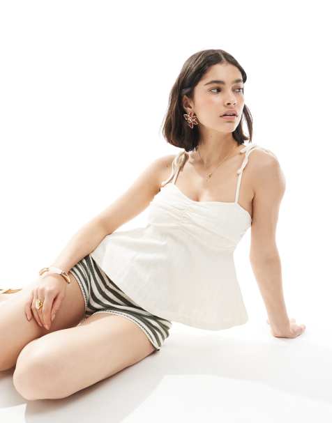 Miss Selfridge pointelle tie shoulder cami in cream - view 1