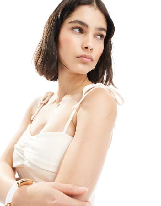 Miss Selfridge pointelle tie shoulder cami in cream