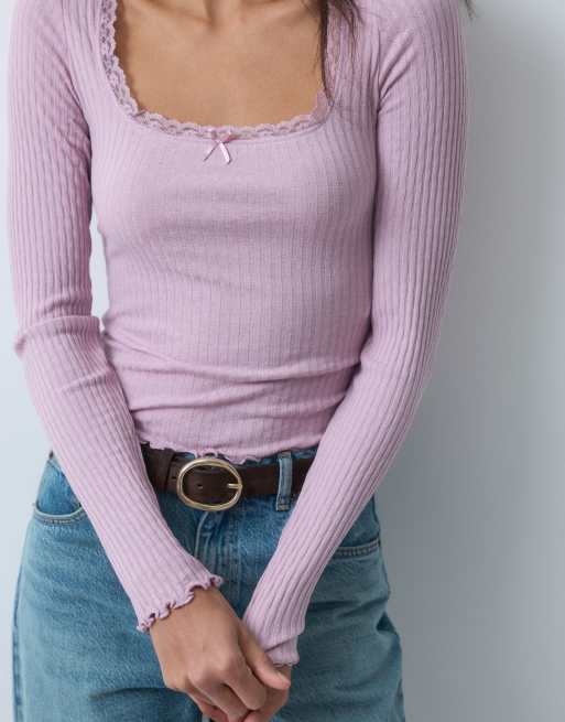 Miss Selfridge Pointelle-Top mit eckigem Ausschnitt in Pink, 3 von 5