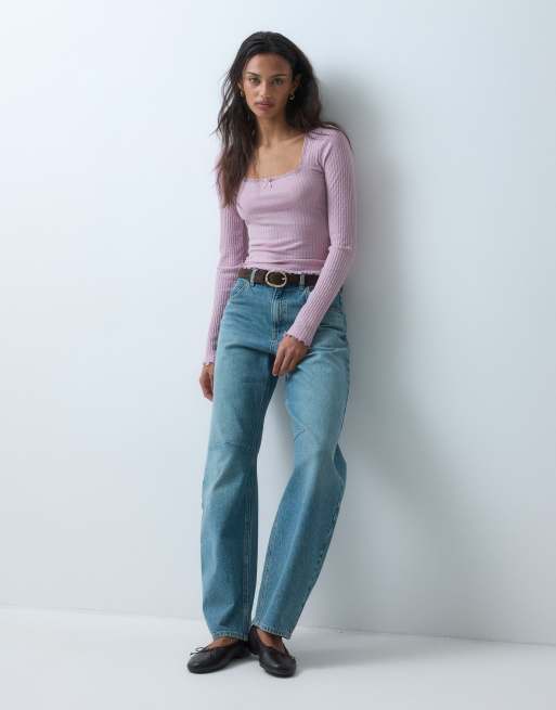 Miss Selfridge Pointelle-Top mit eckigem Ausschnitt in Pink, 4 von 5