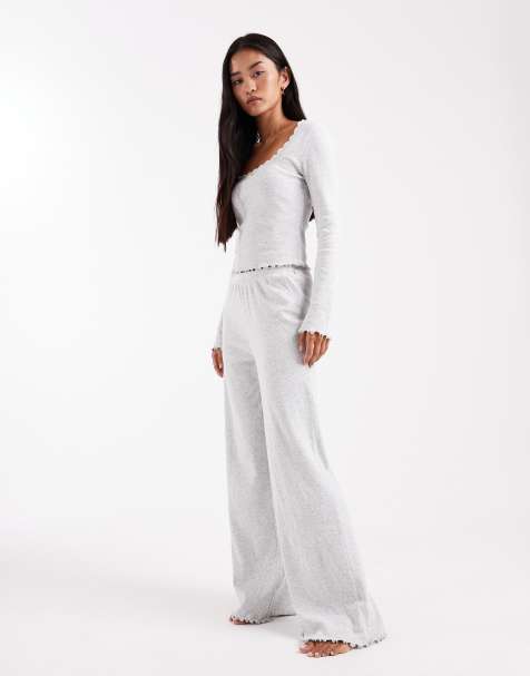 Miss Selfridge pointelle wide leg pants in light grey - view 1