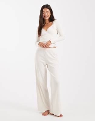 Miss Selfridge Miss Selfridge pointelle wide leg trousers in cream-White