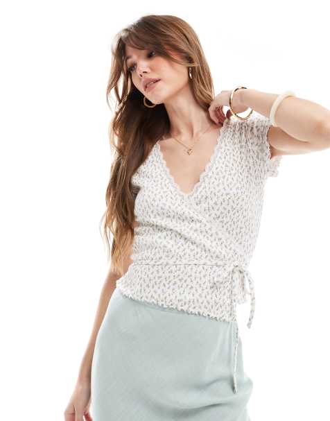 Miss Selfridge pointelle wrap detail top in ditsy floral - view 1