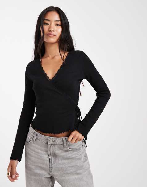 Miss Selfridge pointelle wrap over top in black - view 1