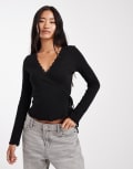 [Miss Selfridge] Miss Selfridge pointelle wrap over top in black 8 BLACK