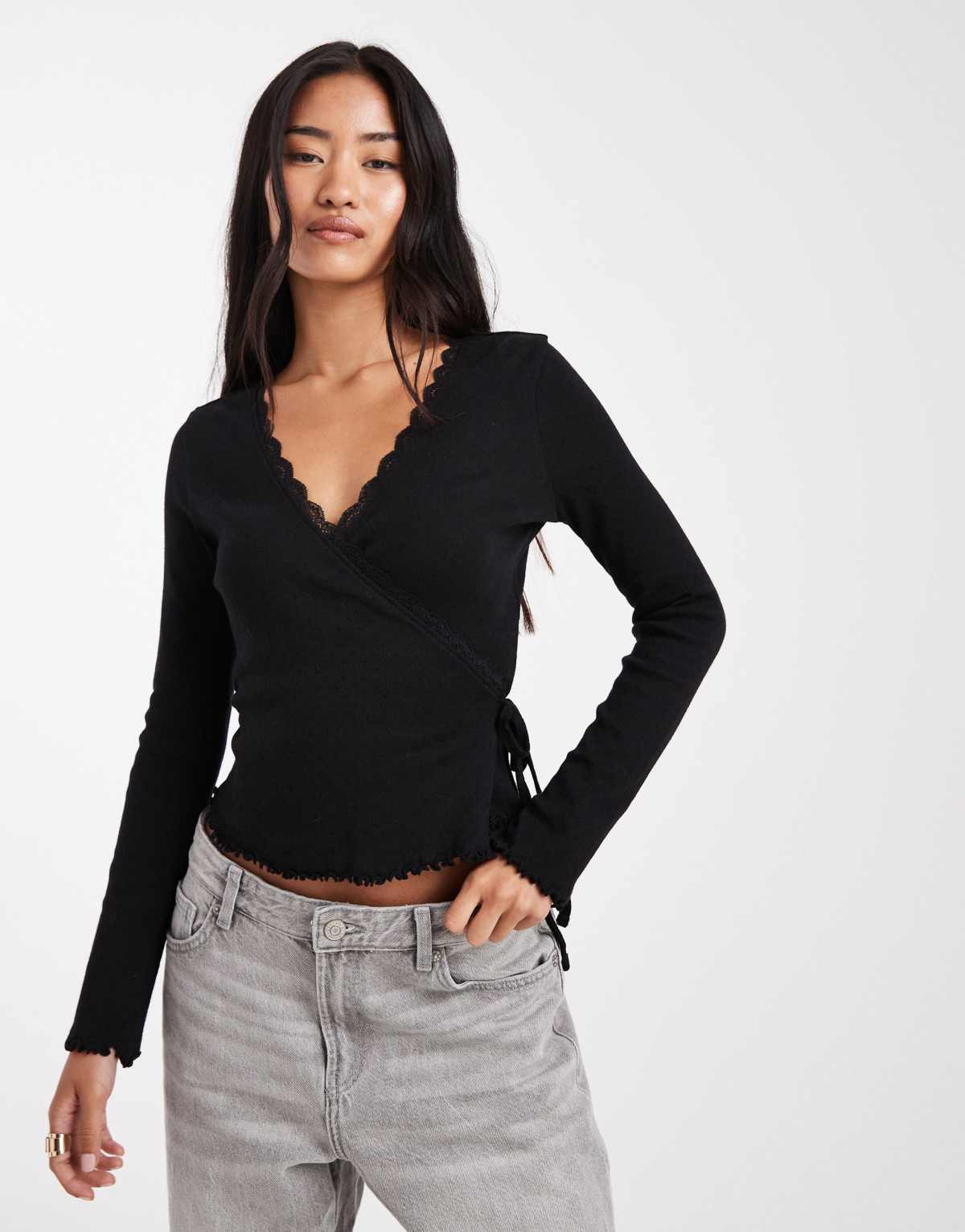 Miss Selfridge pointelle wrap over top in black