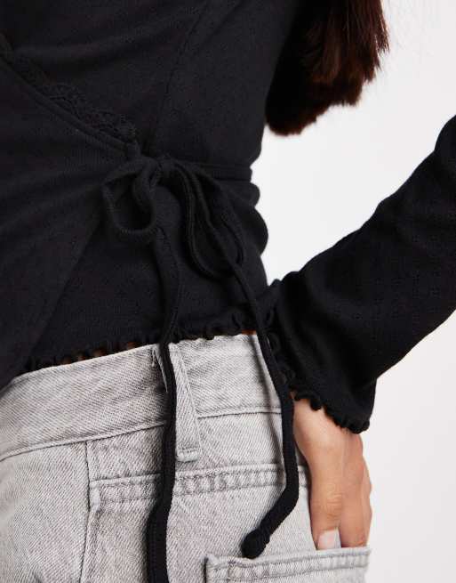 Miss Selfridge pointelle wrap over top in black