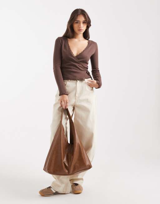 Miss Selfridge pointelle wrap-over top in chocolate