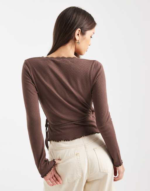 Miss Selfridge pointelle wrap-over top in chocolate