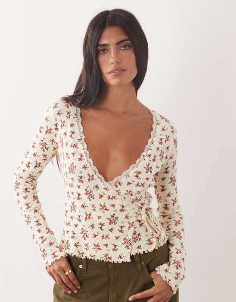 Miss Selfridge pointelle wrap over top in cream ditsy print - view 1